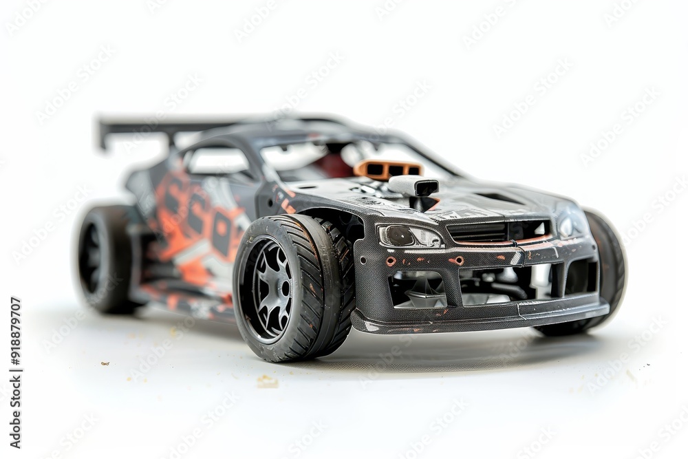 Close up of body less RC drift car on white background with children s dust Close up of body less RC drift car on white background with children s dust