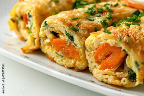 Close up of Gyeran Mari a Korean rolled egg omelet with spring onion and carrot on a white background photo