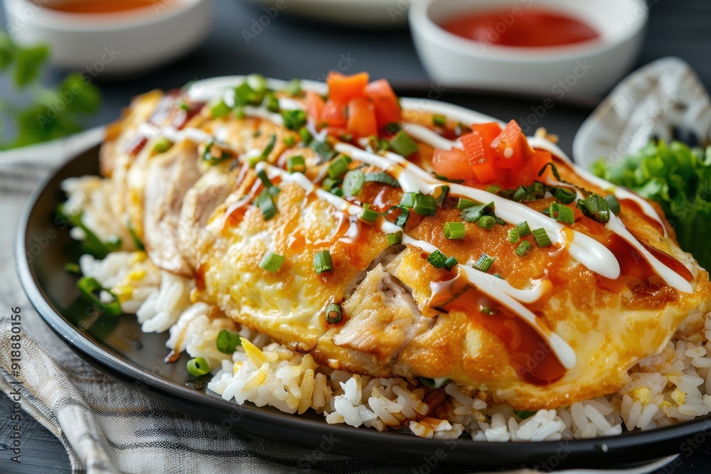Close up of omurice with chicken vegetables on table Horizontal Close up of omurice with chicken vegetables on table Horizontal