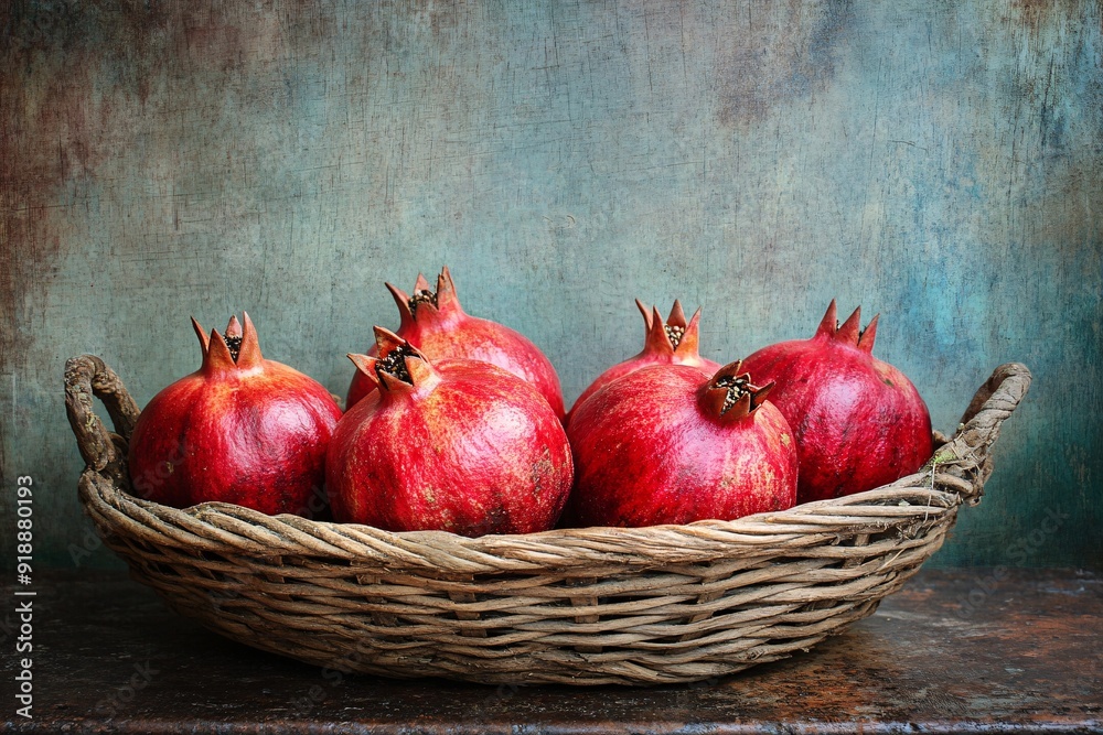 A rustic basket holds freshly harvested pomegranates, showcasing their vibrant red hues and detailed texture A rustic basket holds freshly harvested pomegranates, showcasing their vibrant red hues and detailed texture