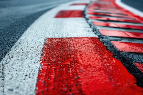 Close up of race track kerb in red and white detail