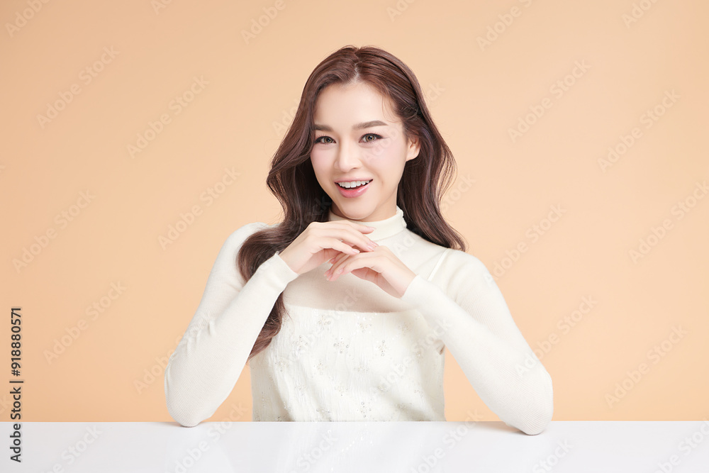 Beautiful young asian woman with clean fresh skin on beige background, Face care, Facial treatment, Cosmetology, beauty and spa, Asian women portrait.