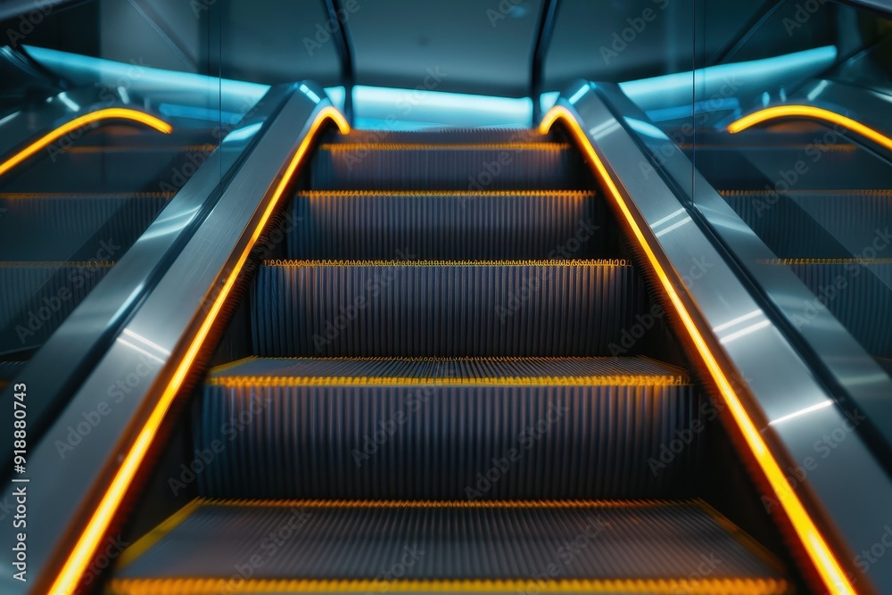 Fototapeta premium Close up view of a modern escalator with yellow safety edges highlighting its steps