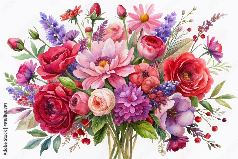 Vibrant bouquet of watercolor flowers in soft red, lavender, and blush pink hues arranged beautifully in a loose, organic composition on white background. Vibrant bouquet of watercolor flowers in soft red, lavender, and blush pink hues arranged beautifully in a loose, organic composition on white background.