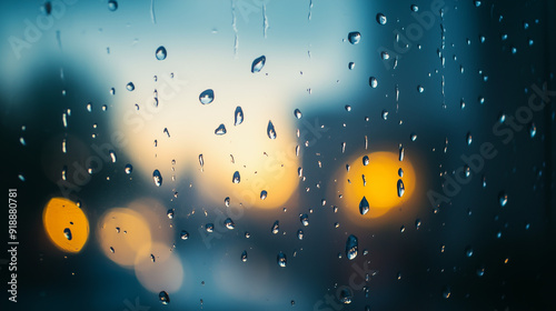 Raindrops on Window with Blurred City Lights Background