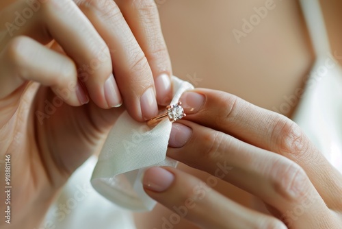 Closeup of woman polishing ring with napkin
