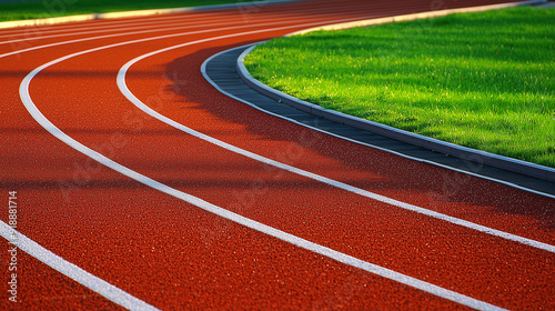 Empty Outdoor Running Track with Green Grass and Trees