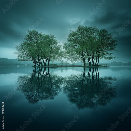 Misty Lake with Tree Reflection in the Morning