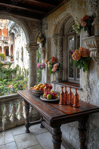 Elegant Terrace with Fruit and Flower Arrangement