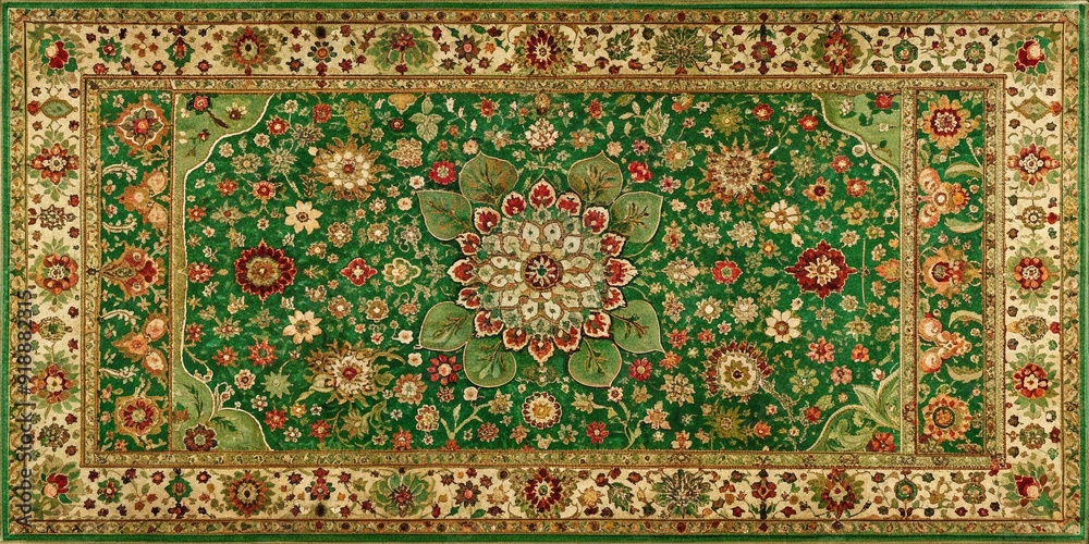 Vibrant green Persian carpet with intricate floral patterns and decorative borders fills the frame in a beautifully arranged top-down composition. Vibrant green Persian carpet with intricate floral patterns and decorative borders fills the frame in a beautifully arranged top-down composition.