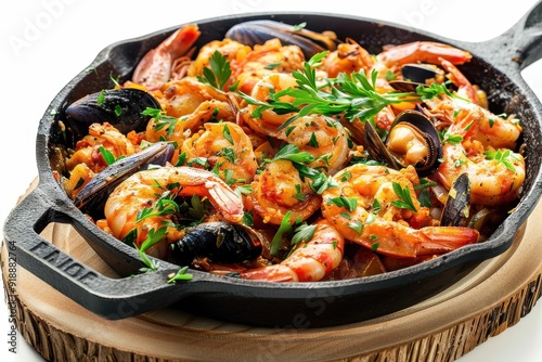 Delicious seafood with herbs in skillet on board white background