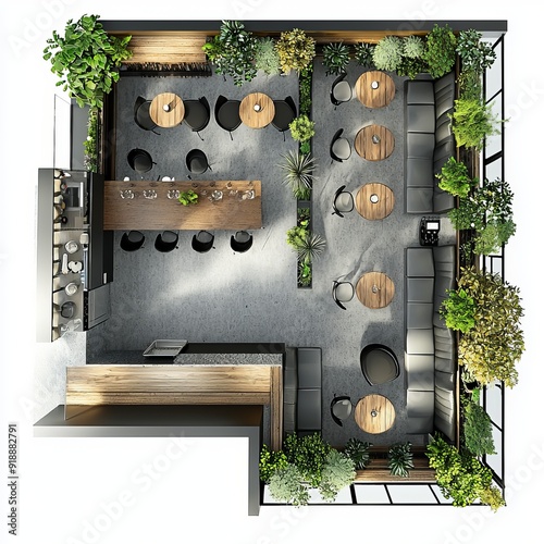 3D Render of a café with a spacious outdoor patio, a bar area, and a variety of table sizes, floor plan, on isolated white background