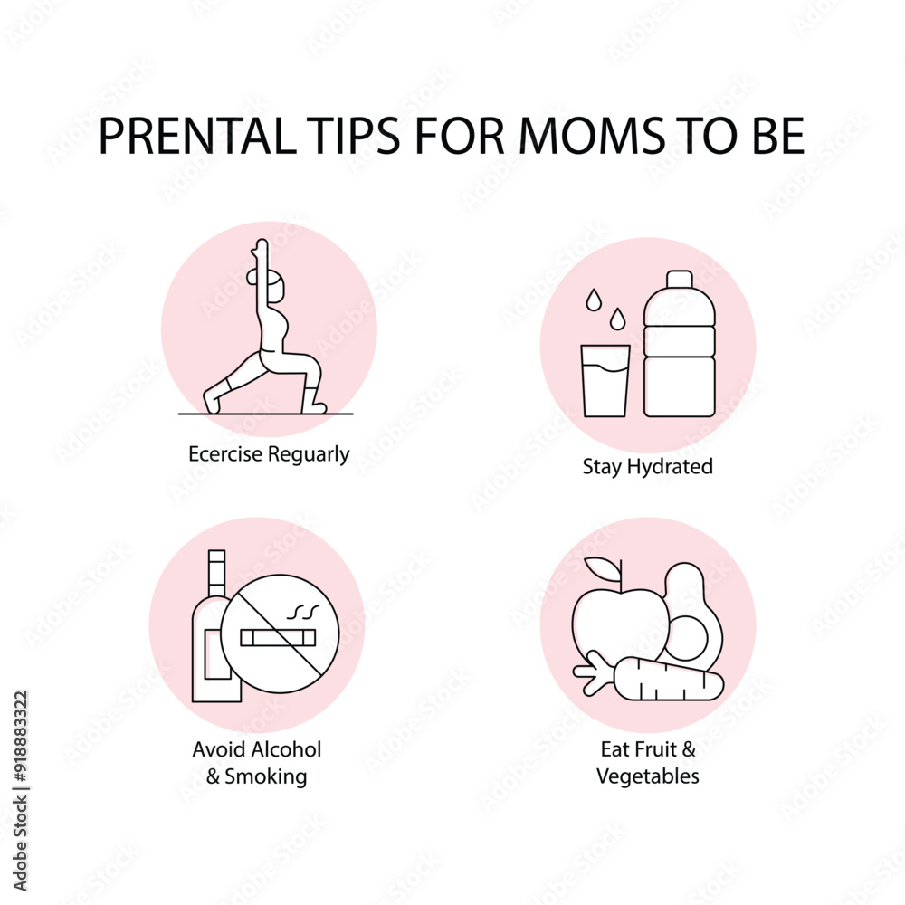 Fototapeta premium Prenatal Health Guide for Moms: Stay Fit, Hydrated, Safe, and Well Nourished with editable stroke.