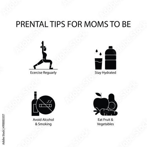 Moms’ Prenatal Essentials: Exercise, Hydrate, Avoid Risks, and Eat Healthy with editable stroke.