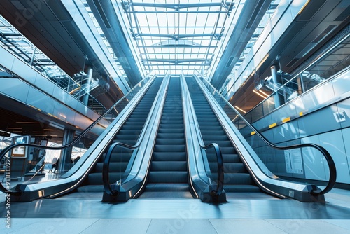 Empty escalators with exposed mechanisms in modern building during the day