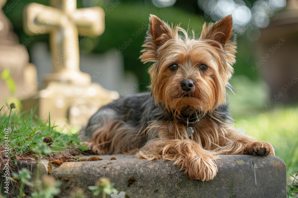 Elderly Yorkshire Terrier guarding child s grave in cemetery with stone cross Elderly Yorkshire Terrier guarding child s grave in cemetery with stone cross