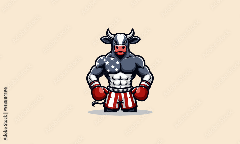 Fototapeta premium character cow wearing boxing gloves and shorts emblazoned with the American flag vector mascot design