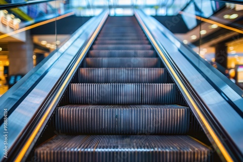 First person view of escalator in mall going upstairs photo