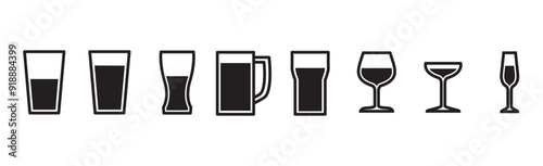 Collection of icons of glasses for various drinks in flat form. Several glass icons of beer, wine, alcohol, brandy, martini, champagne, Vector illustration isolated on transparent background. Eps10