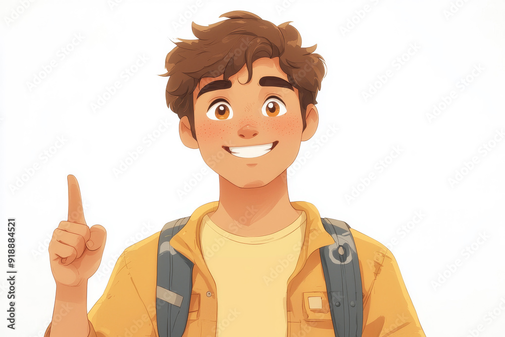 Happy smiling cartoon character man showing pointing finger standing confident on white background. Successful people male person concept Happy smiling cartoon character man showing pointing finger standing confident on white background. Successful people male person concept