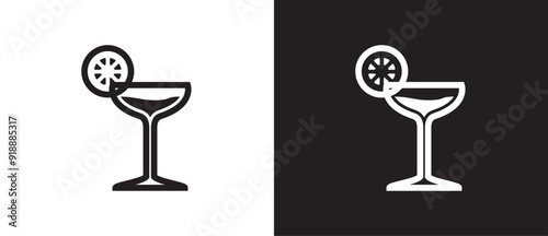 Champagne glass with fruit decoration, Drink glass icon. Champagne cup icon for drinks in flat style. Vector illustration isolated on black and white background. Eps10
