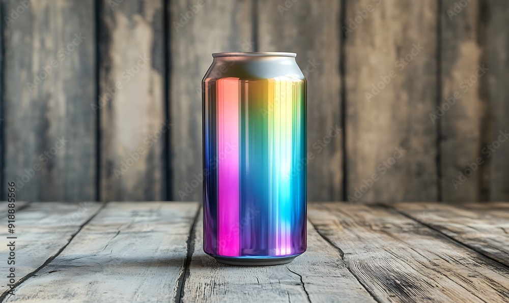 Rainbow Aluminum Can on Rustic Wooden Table Rainbow Aluminum Can on Rustic Wooden Table