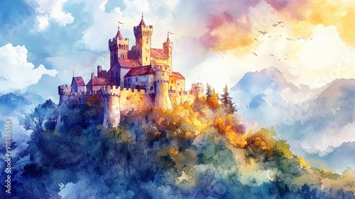 Charming castle on a hilltop, watercolor oil painting for children, pastel shades, colorful and magical setting, perfect for dreams