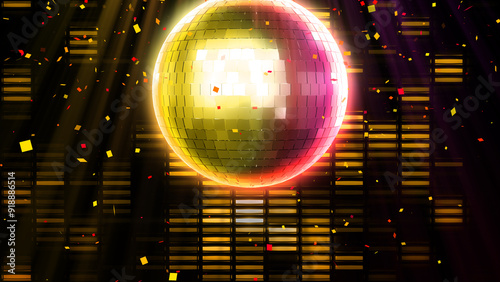 Mirror disco ball with light rays and confetti party night background.