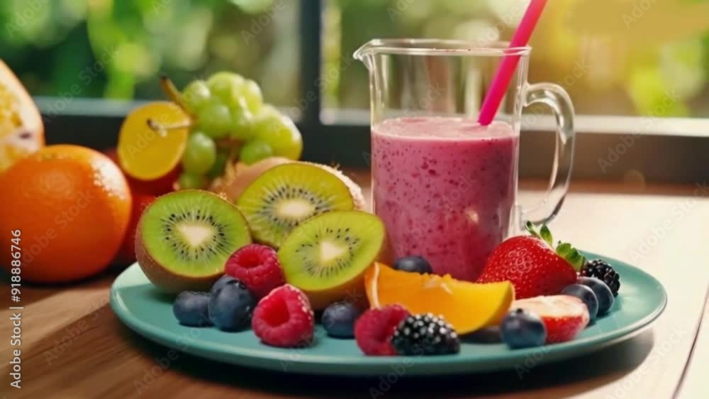 plate of fresh fruit and smoothie, for healthy and refreshing breakfast HD 4K Vide Clip plate of fresh fruit and smoothie, for healthy and refreshing breakfast HD 4K Vide Clip
