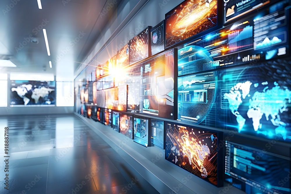 Futuristic Control Room with Data Visualization Screens. Futuristic Control Room with Data Visualization Screens.