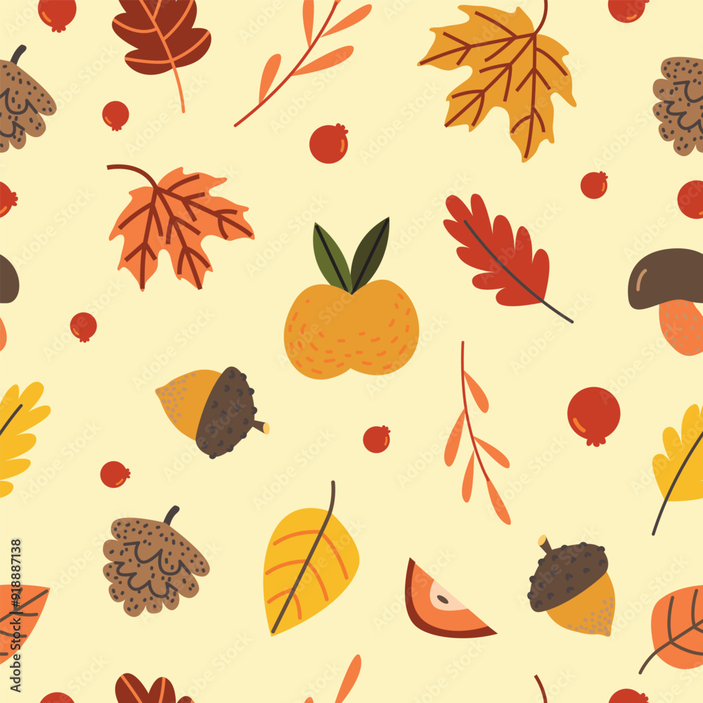 Obraz premium Seamless pattern of fall leaves, acorns, apples and berries. Autumn endless background.