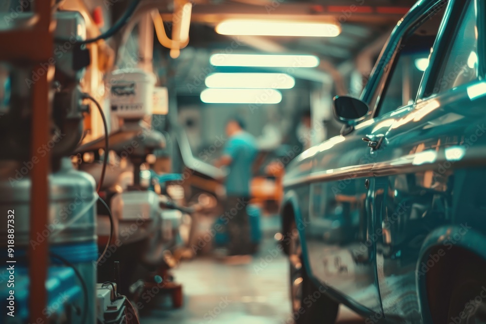 Obraz premium Mechanic fixing car in blurry garage