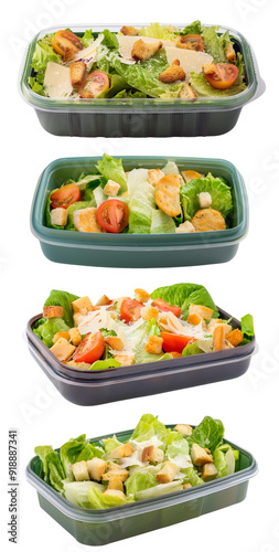 A variety of fresh salads presented in different containers, showcasing vibrant ingredients and healthy eating options.