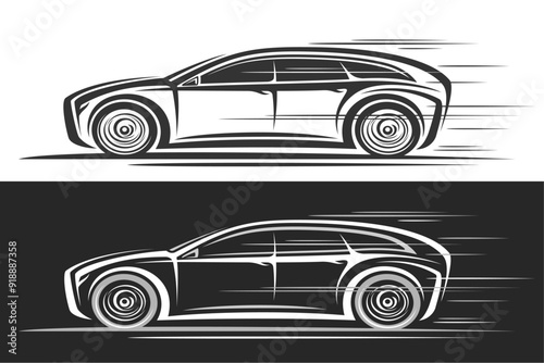Vector logo for Station Wagon Car, automotive decorative banners with contour illustration of monochrome motor car in moving, line art running station wagon concept car on black and white background