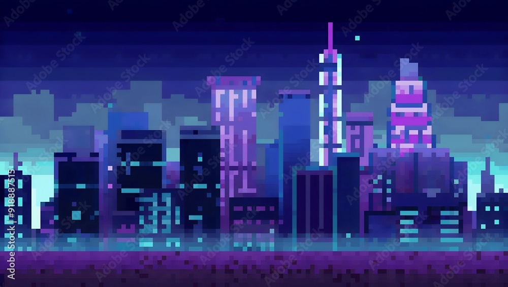 Obraz premium City skyline at night pixel art background. 8-bit game assets