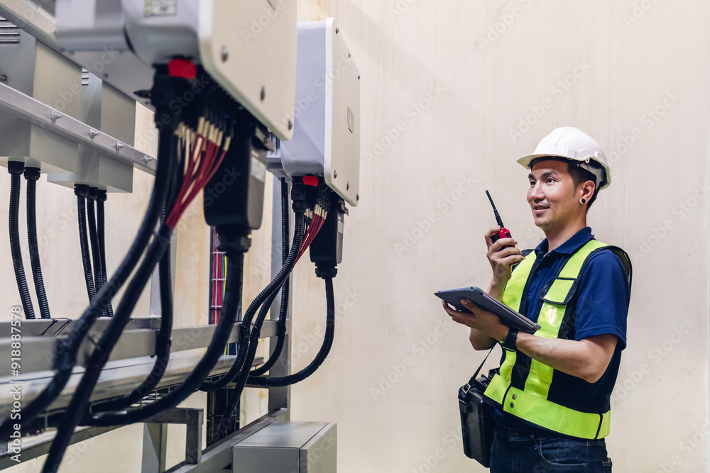 Electrical engineer working in control room. Electrical engineer man checking Power Distribution Cabinet in the control room Electrical engineer working in control room. Electrical engineer man checking Power Distribution Cabinet in the control room