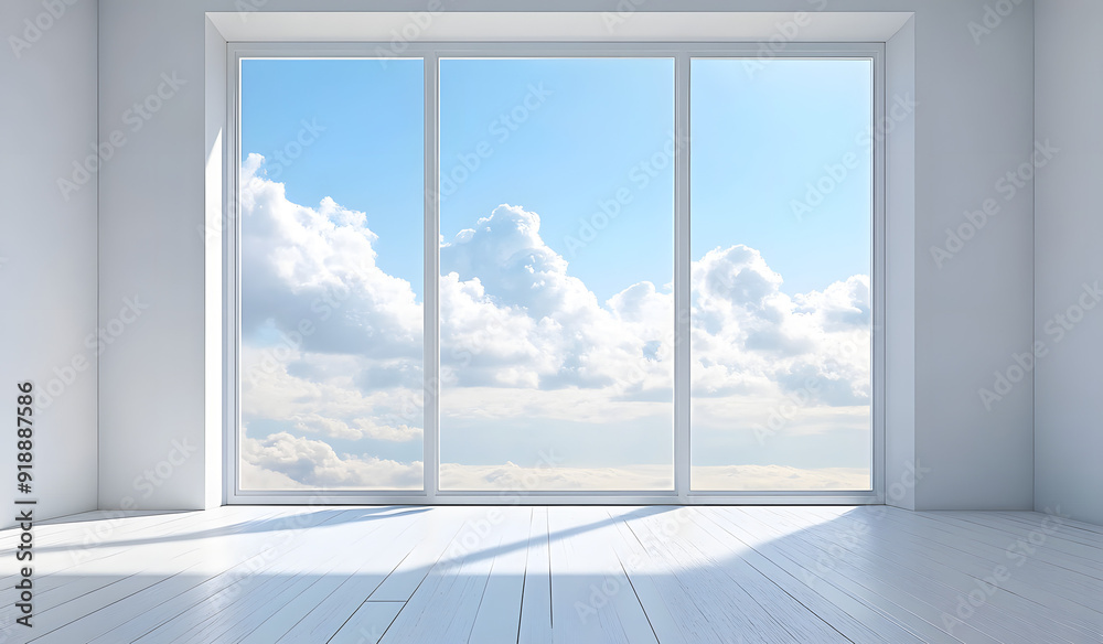 White Empty Room with Large Window Showing Blue Sky and Green Landscape, Creating a Minimalist and Peaceful Space White Empty Room with Large Window Showing Blue Sky and Green Landscape, Creating a Minimalist and Peaceful Space