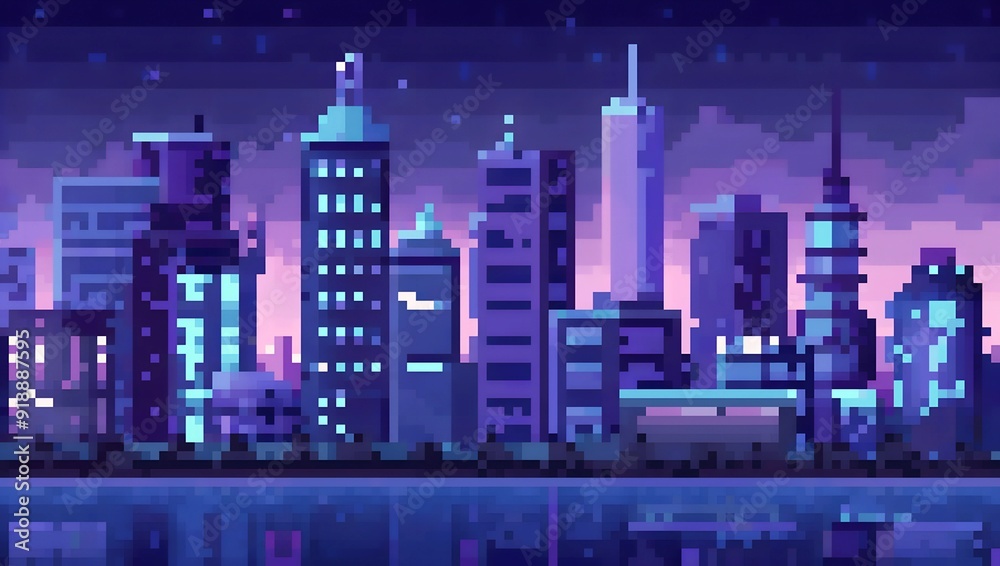 Obraz premium City skyline at night pixel art background. 8-bit game assets