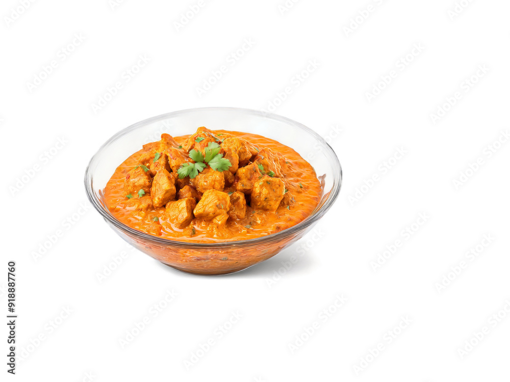 Chicken tikka masala vibrant orange sauce served with naan on a transparent glass bowl warm Chicken tikka masala vibrant orange sauce served with naan on a transparent glass bowl warm