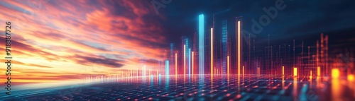 3D graph bars ascending into a digital sky, symbolizing tech-driven business growth, photo-realistic