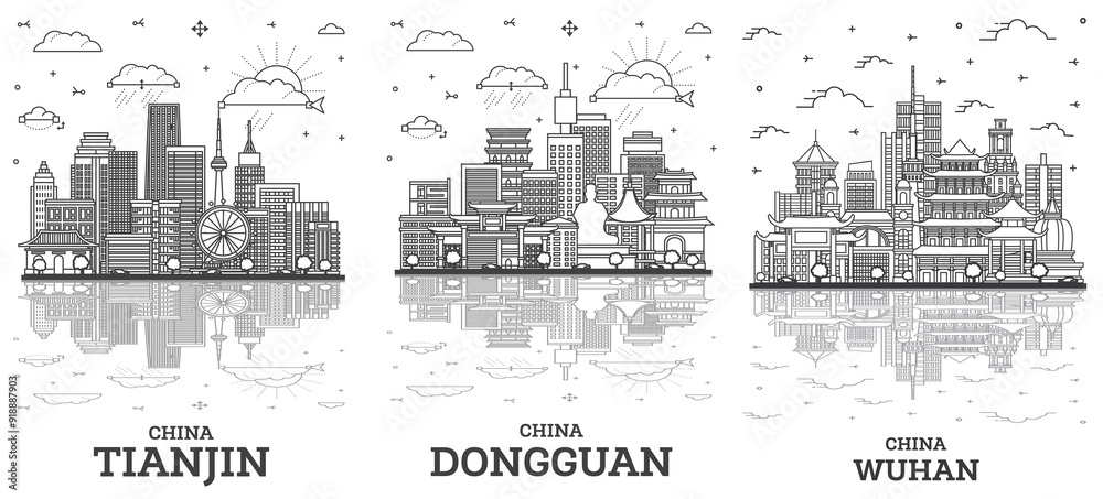 Outline Dongguan, Wuhan and Tianjin China City Skyline set with Modern Buildings and reflections Isolated on White. Cityscape with Landmarks. Outline Dongguan, Wuhan and Tianjin China City Skyline set with Modern Buildings and reflections Isolated on White. Cityscape with Landmarks.