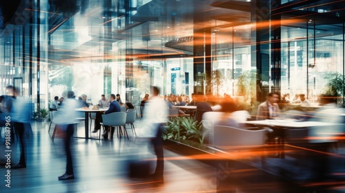Abstract blur of a bustling office setting, highlighting professionals