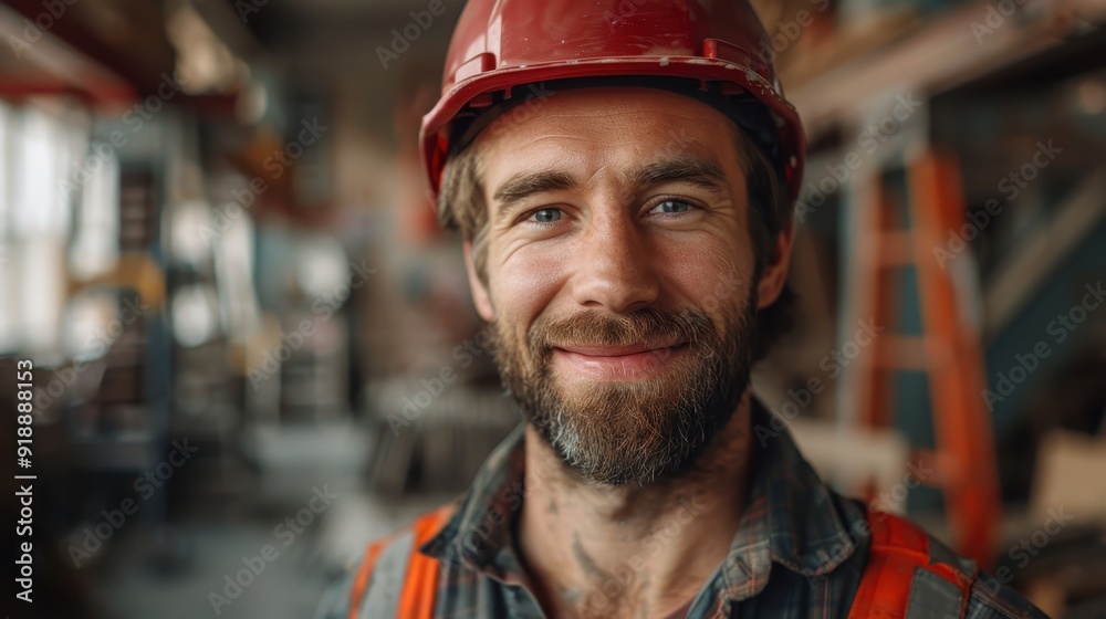 Smiling construction worker in red helmet at a busy job site during the day Smiling construction worker in red helmet at a busy job site during the day