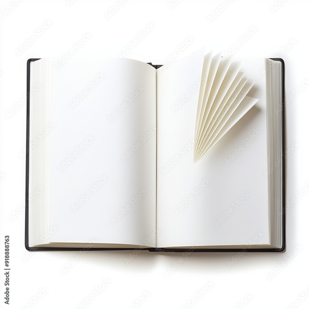 Open blank notebook with fanned pages on white background, perfect for writing, sketching, or planning. Open blank notebook with fanned pages on white background, perfect for writing, sketching, or planning.