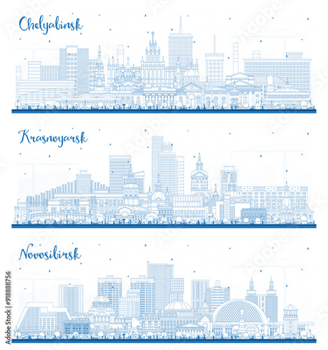 Outline Krasnoyarsk, Novosibirsk and Chelyabinsk Russia city skyline set with blue buildings. Cityscape with landmarks.