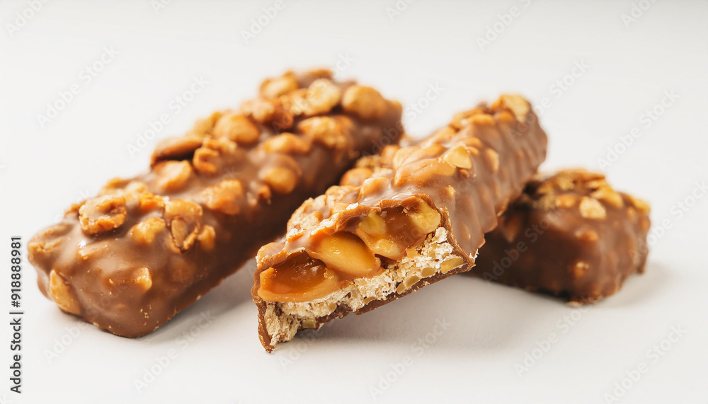 Tasty chocolate bar, caramel snack with nuts on white backdrop. Sweet food. Yummy treat. Tasty chocolate bar, caramel snack with nuts on white backdrop. Sweet food. Yummy treat.