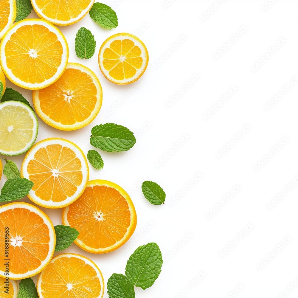 Top view of fresh citrus slices and mint leaves on white background. Bright and colorful mix of oranges, lemons, limes, and mint.