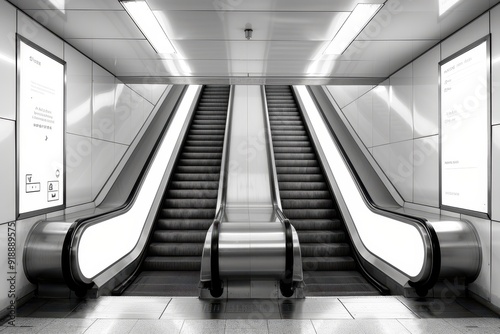 Minimalist urban subway ads with white copyspace on escalator walls