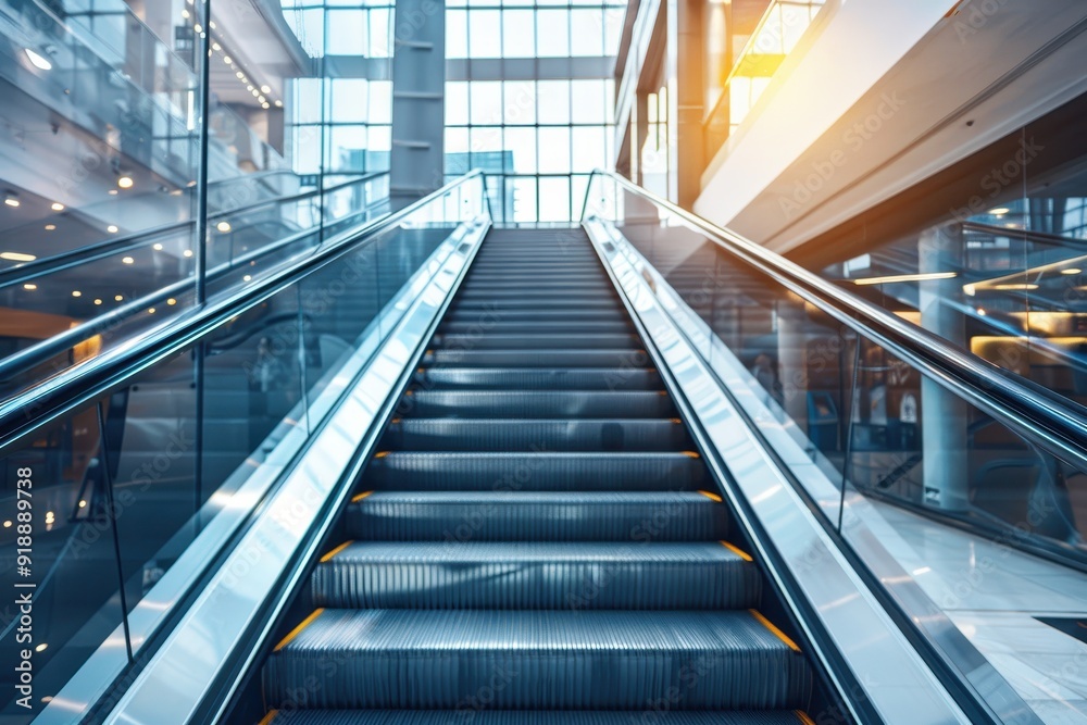 Modern luxurious escalators in a community mall Electric moving staircases Modern luxurious escalators in a community mall Electric moving staircases