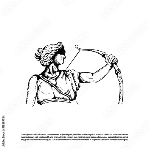 Vintage hand drawn beauty archer goddess vector sketch art